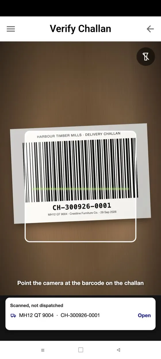 Verify Challan on the phone: the challan barcode in the camera frame, read as CH-300926-0001